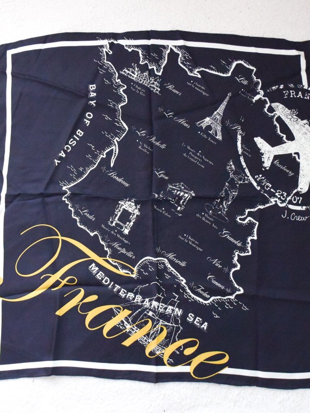 *J.Crew*  Black Scarf with "France" Map. Worn ONCE.